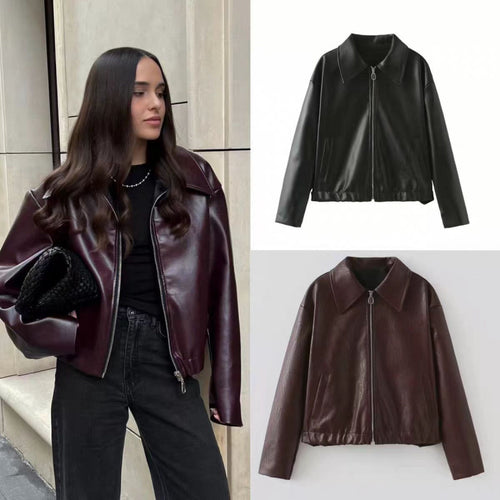 Synthetic leather jacket for women with understated elegance and practical pockets Amarae