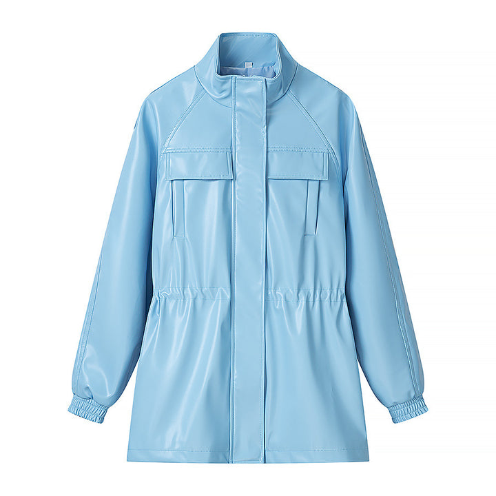 Women's Faux Leather Parka with Drawstring Waist and Chest Pockets Amarae