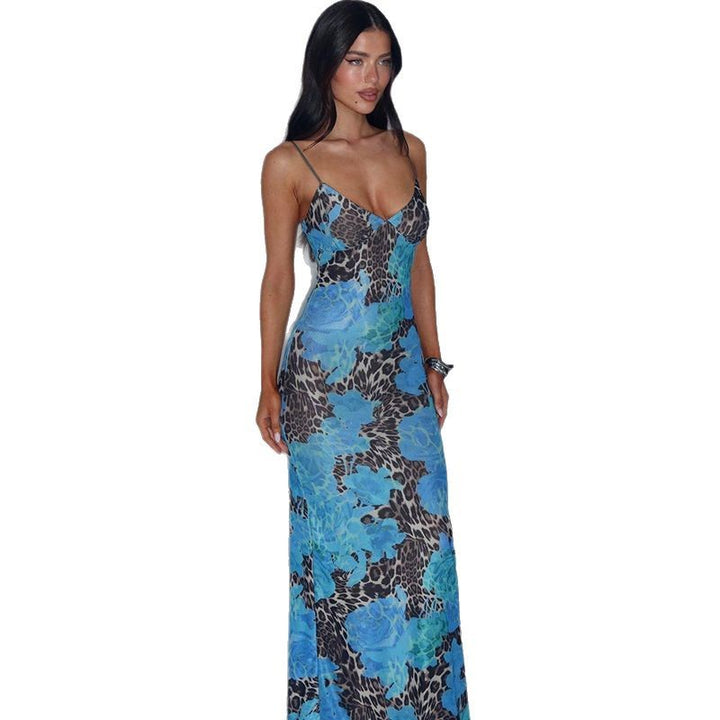 Maxi dress with spaghetti straps for women with floral and animal print Lune London