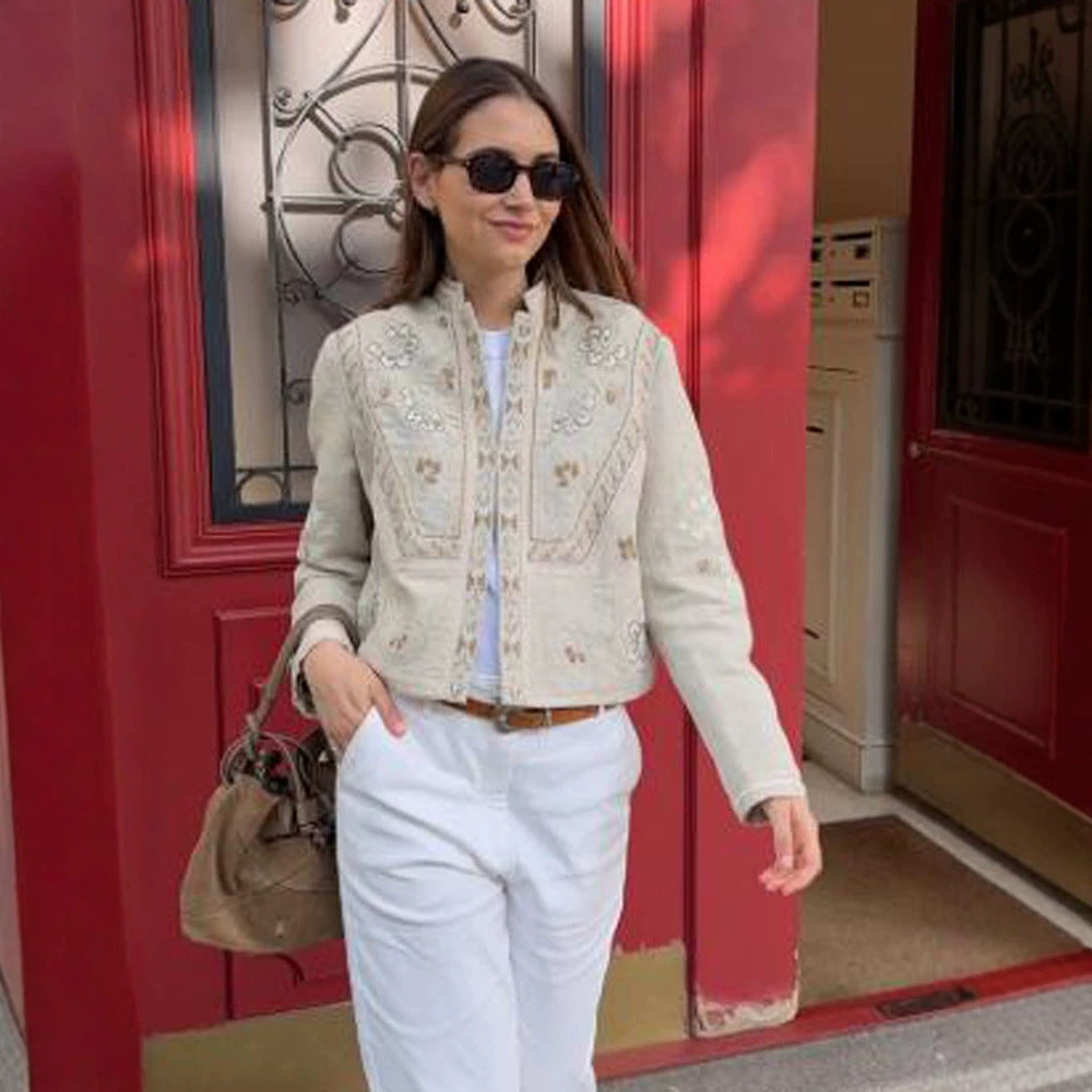 Women's short jacket made of linen blend with elaborate embroidery, stand collar, and tailored silhouette Amarae