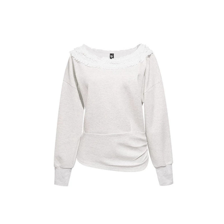 Women's sweatshirt with off-the-shoulder neckline, lace ruffle, and side gathers Amarae