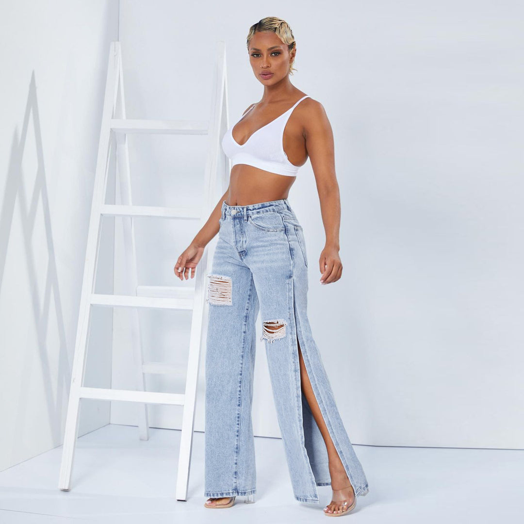 Ladies wide high-waist jeans with side leg slits, destroyed knee, and shaping waistband Amarae