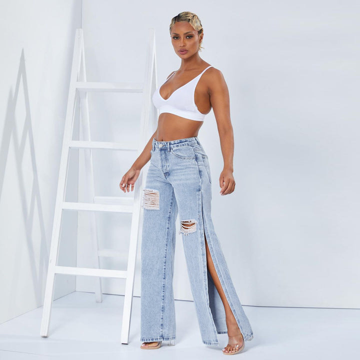 Ladies wide high-waist jeans with side leg slits, destroyed knee, and shaping waistband Amarae