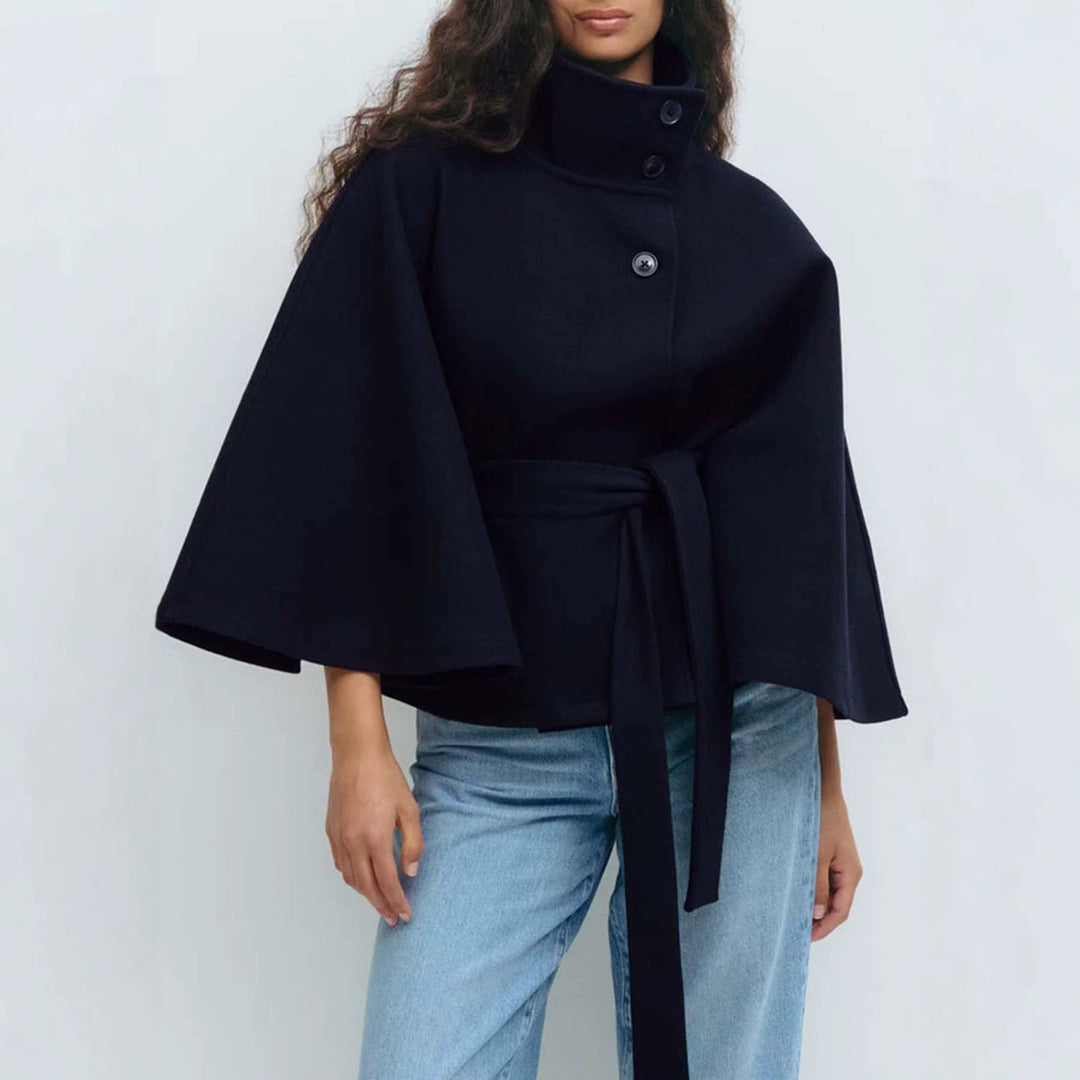 Women's Short Cape Coat with Stand-Up Collar, Oversized Sleeves and Tie Belt Amarae
