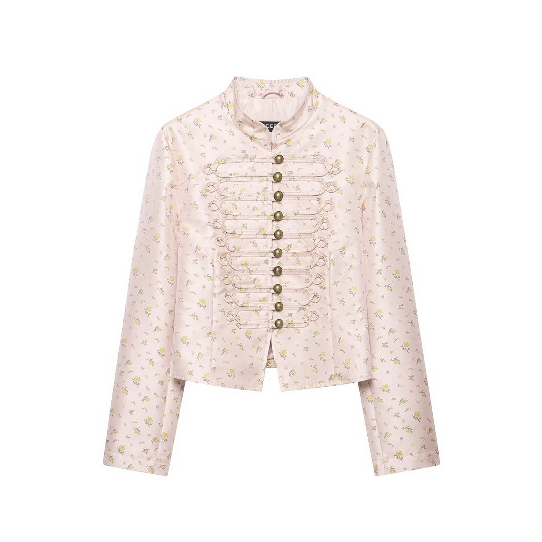 Women Cropped Satin Military Jacket with Stand-Up Collar and Decorative Frog Closure Amarae