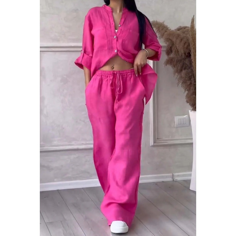 Women's Wide Linen Blend Pants with High Elastic Waistband, Drawstring and Palazzo Silhouette Amarae