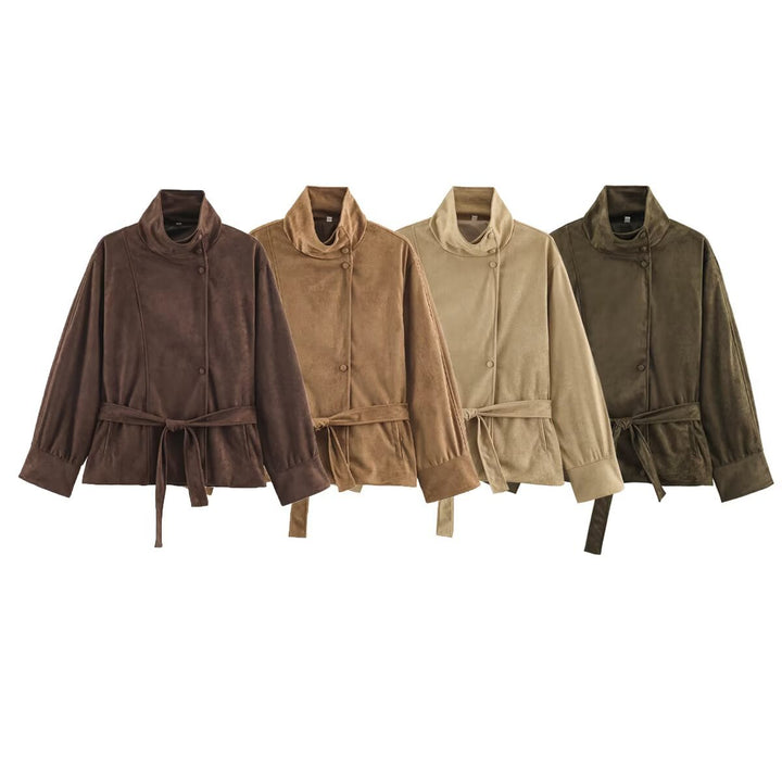 Women's Boxy Wrap Jacket in Velour Look with High Stand-Up Collar and Tie Belt Amarae