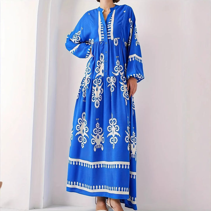 Long kaftan dress for women with floral accents and buttons Lune London