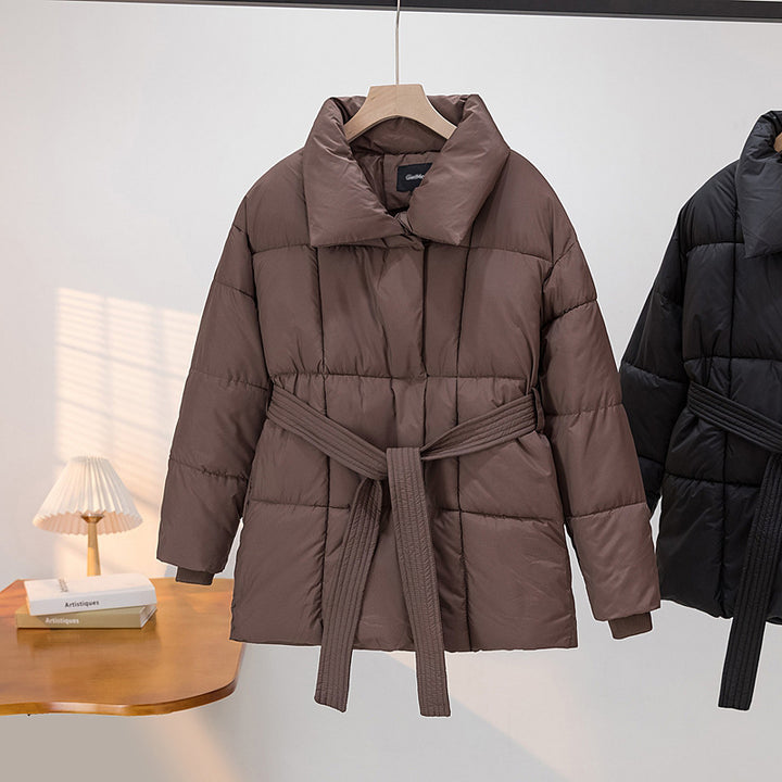 Ladies Quilted Jacket with Belt and Elegant Chic Collar Shape