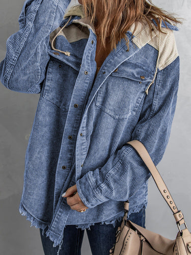 Amarae | Jacket with hood - Oversized fit - Cord texture - Button closure - Fringe edge