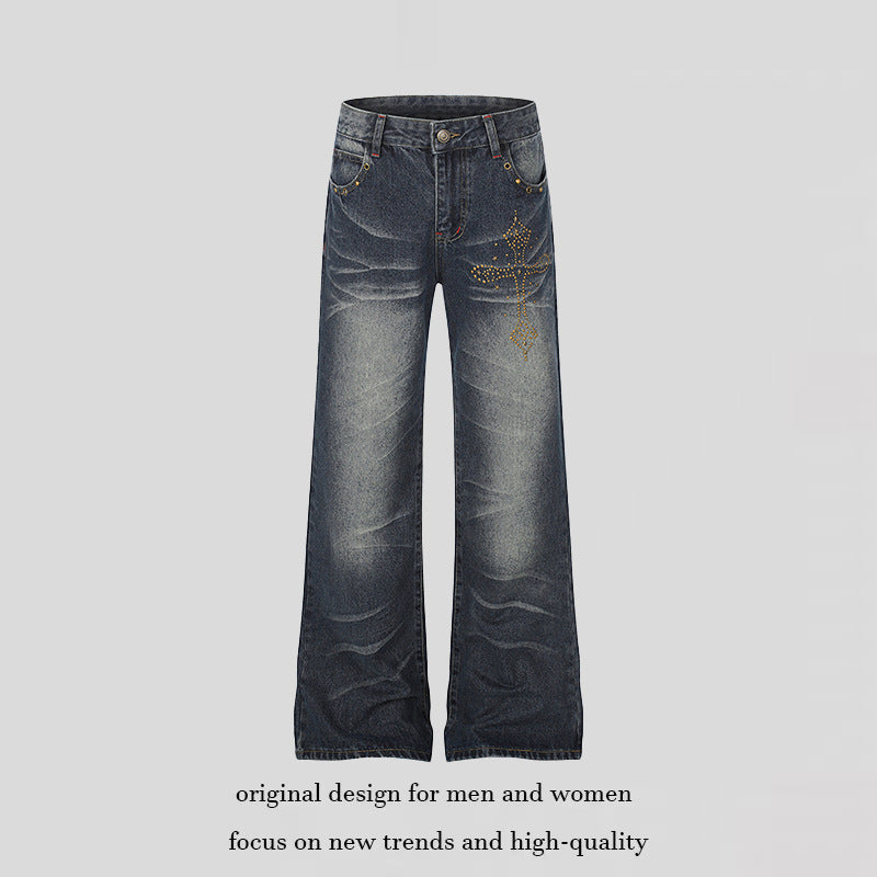Women's Wide High-Waist Palazzo Jeans with Decorative Stone Cross Appliqué Amarae