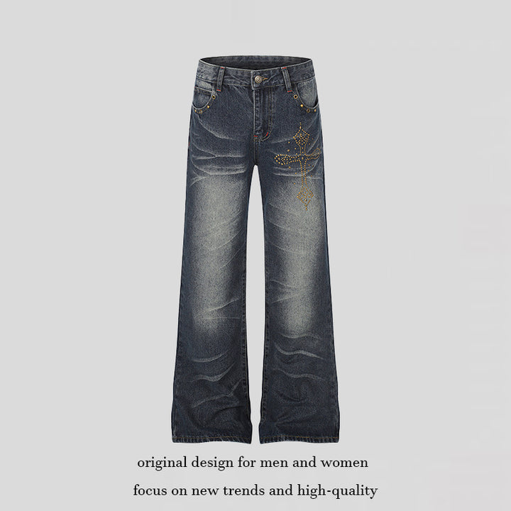 Women's Wide High-Waist Palazzo Jeans with Decorative Stone Cross Appliqué Amarae