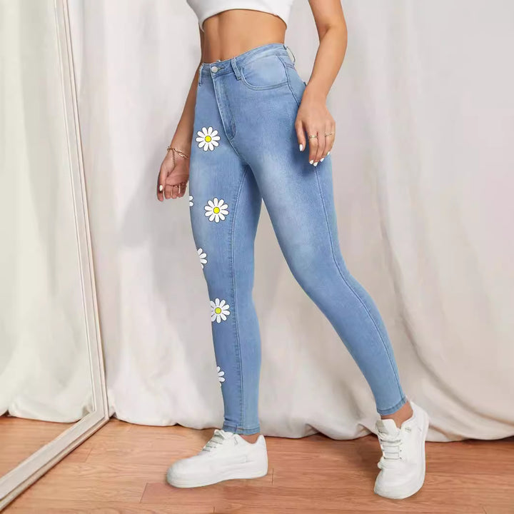 Women's High-Waist Skinny Jeans with printed Daisies and figure-shaping Stretch Amarae