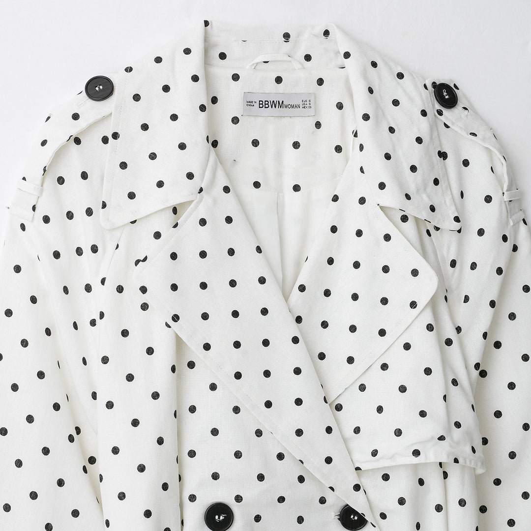Women Polka Dot Cropped Trench Coat with Waist Belt and Double-Breasted Button Placket Amarae