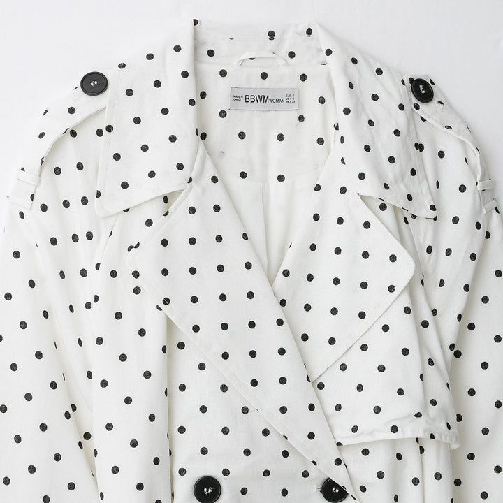 Women Polka Dot Cropped Trench Coat with Waist Belt and Double-Breasted Button Placket Amarae