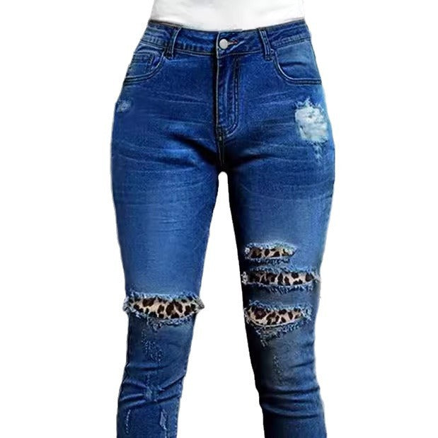 Women Stretch Skinny Jeans with High Waist, Knee Ripped Details and Leo Underlay Amarae