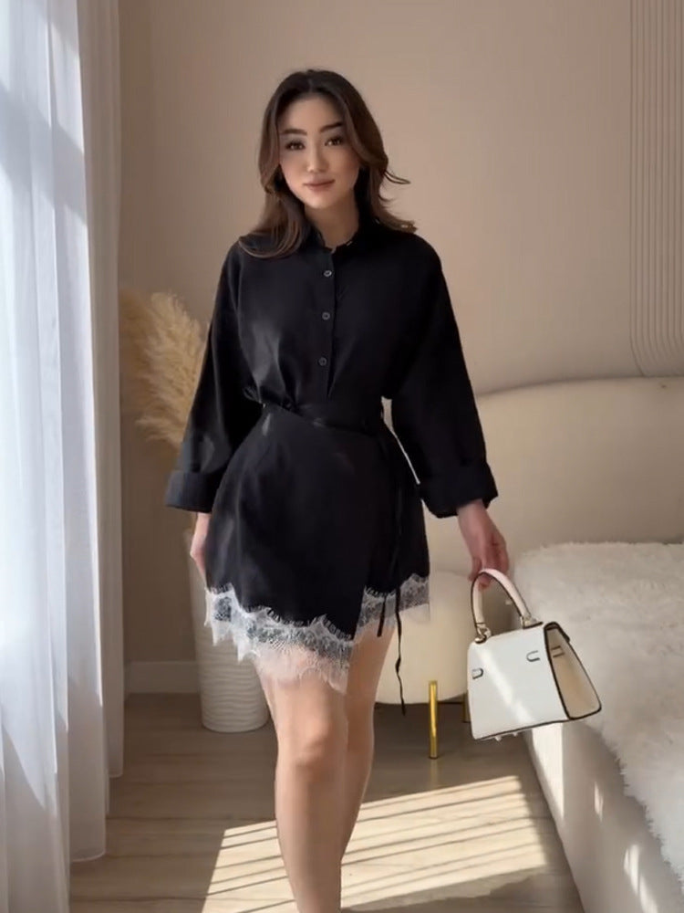 Women's Short Wrap Dress with Shirt Blouse Top, Waist Belt and Lace Trim Amarae