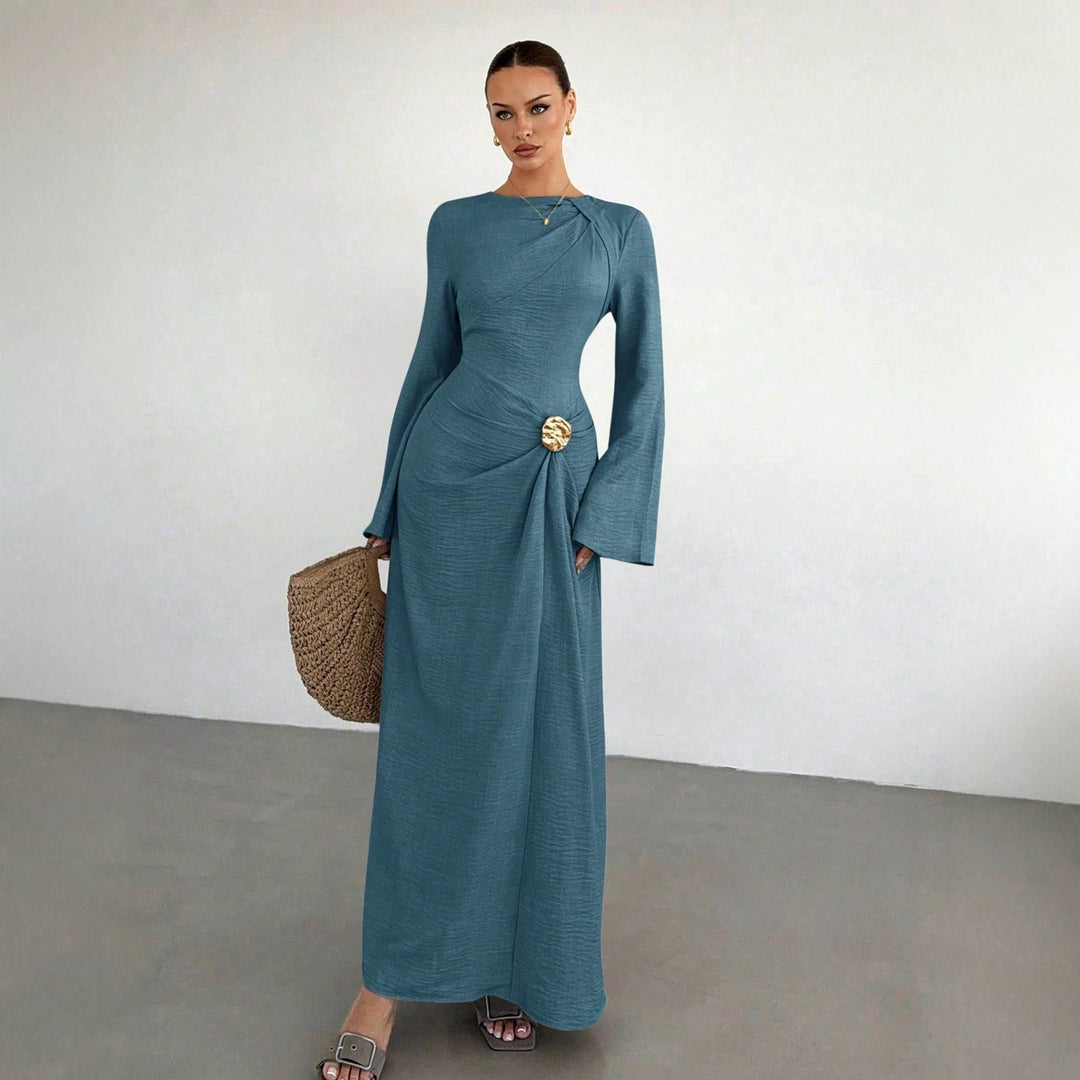 Ladies max dress with draping, decorative brooch and wide trumpet sleeves Amarae