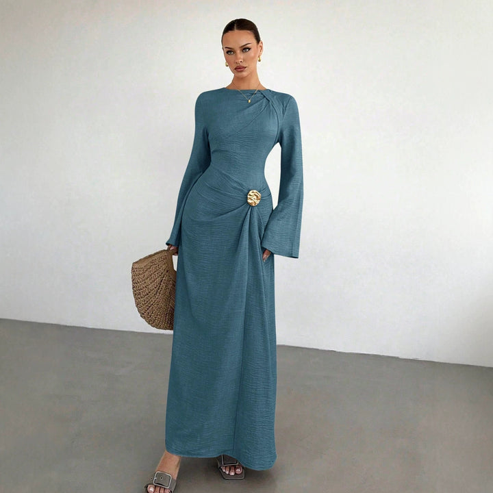Ladies max dress with draping, decorative brooch and wide trumpet sleeves Amarae