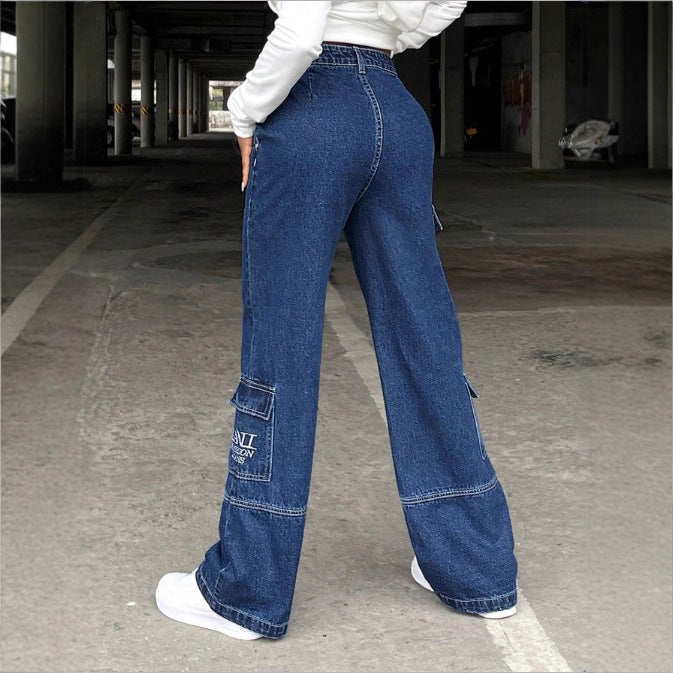 Women's high-waisted wide cargo denim pants with elastic waistband and multiple pockets Amarae