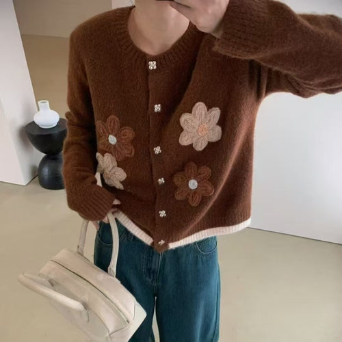 Knitted jacket for women with floral appliqués and button details Amarae