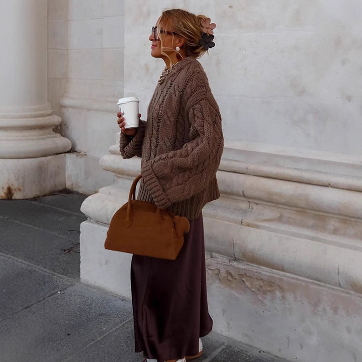 Women's Oversize Chunky Knit Sweater with Cable Knit, High Collar and Extended Sleeves Amarae
