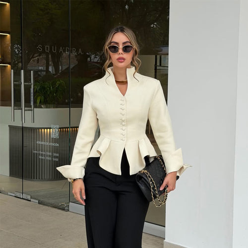 Women Tailored Blazer with Flounce, Stand Collar & Decorative Button Placket Amarae