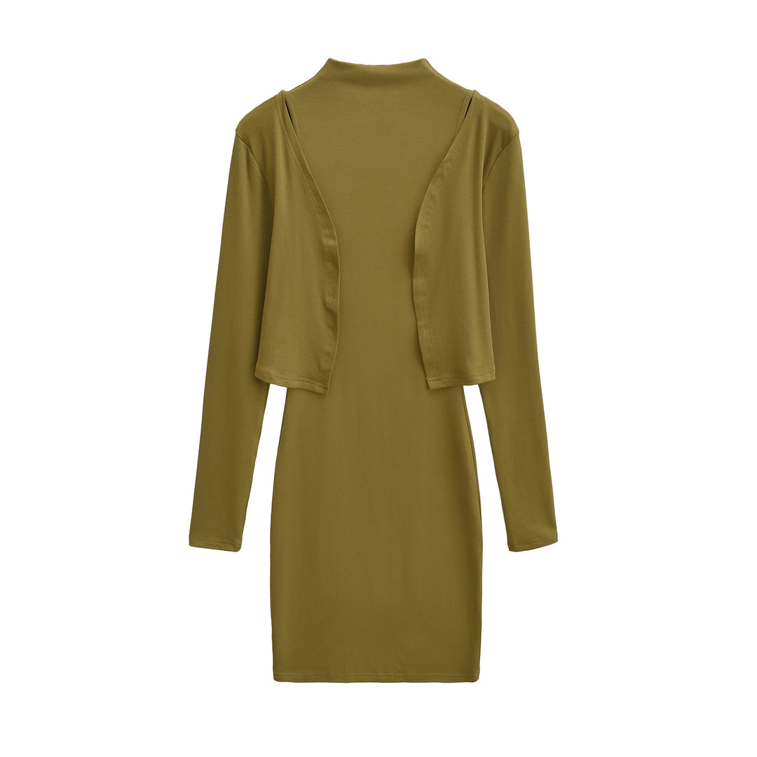 Ladies Figured Close-Fitting Midi Dress with Integrated Bolero and Stand-Up Collar Amarae
