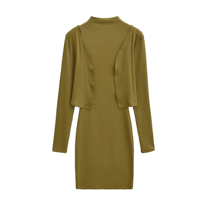 Ladies Figured Close-Fitting Midi Dress with Integrated Bolero and Stand-Up Collar Amarae