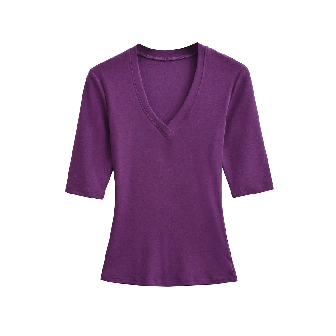 Women's Fitted V-Neck Three-Quarter Sleeve Fine Rib Top made of Stretch Jersey Amarae