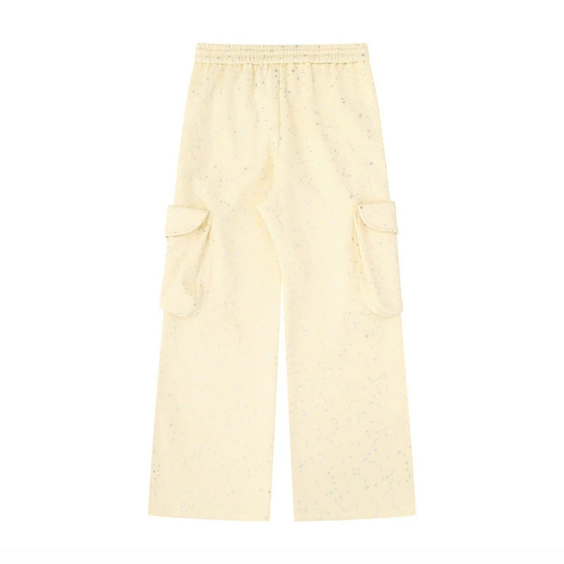 Women's Extra Wide Cargo Palazzo Sweatpants with Drawstring Waistband and Decorative Wing Appliqués Amarae