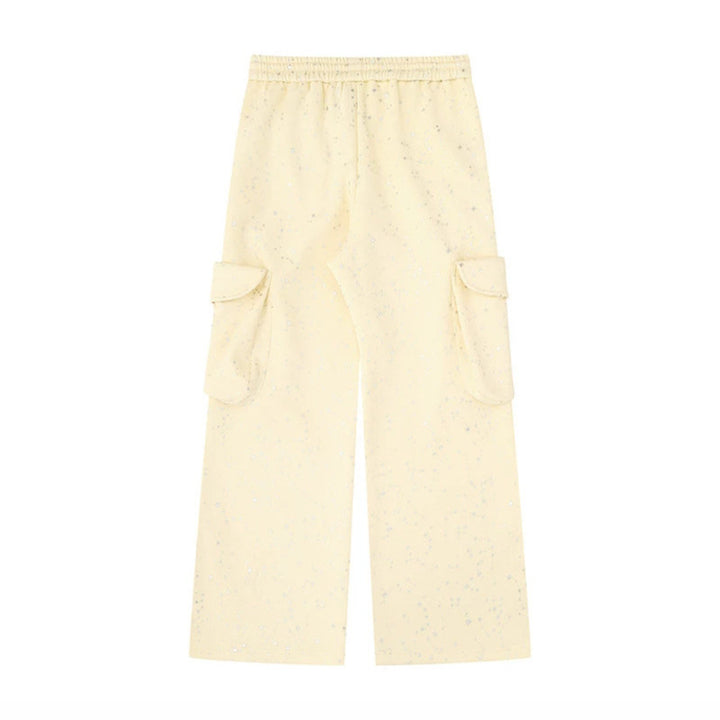 Women's Extra Wide Cargo Palazzo Sweatpants with Drawstring Waistband and Decorative Wing Appliqués Amarae