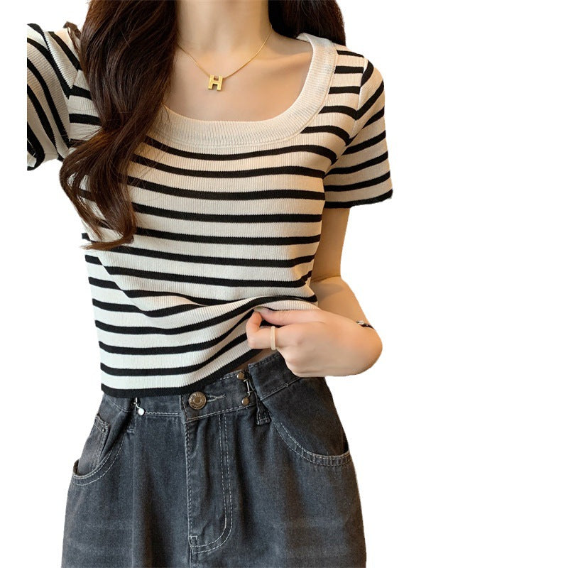 Women's cropped striped top with modern knot design and elastic hem Lune London