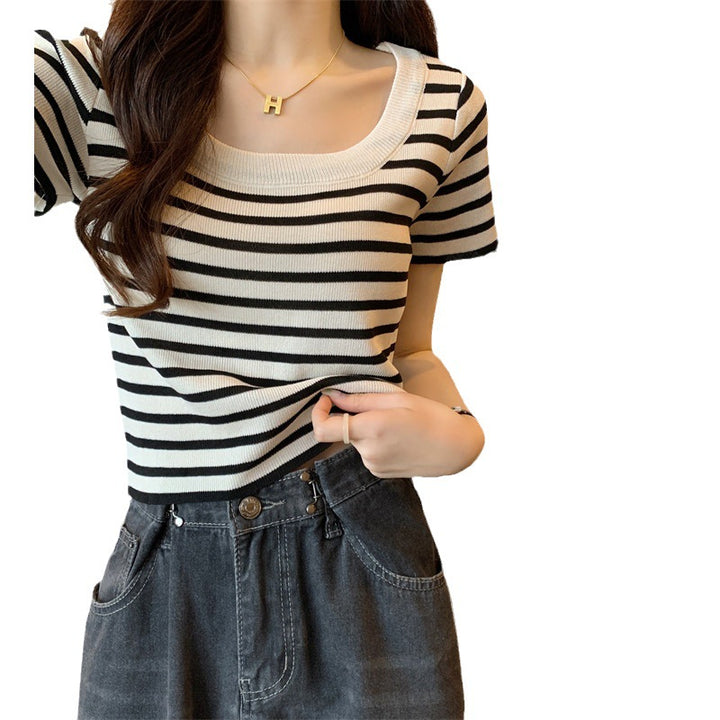 Women's cropped striped top with modern knot design and elastic hem Lune London