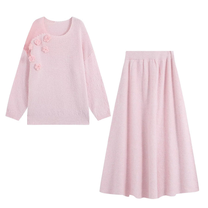 Women's knit set with cozy sweater featuring 3D flower appliqué and A-line skirt Amarae