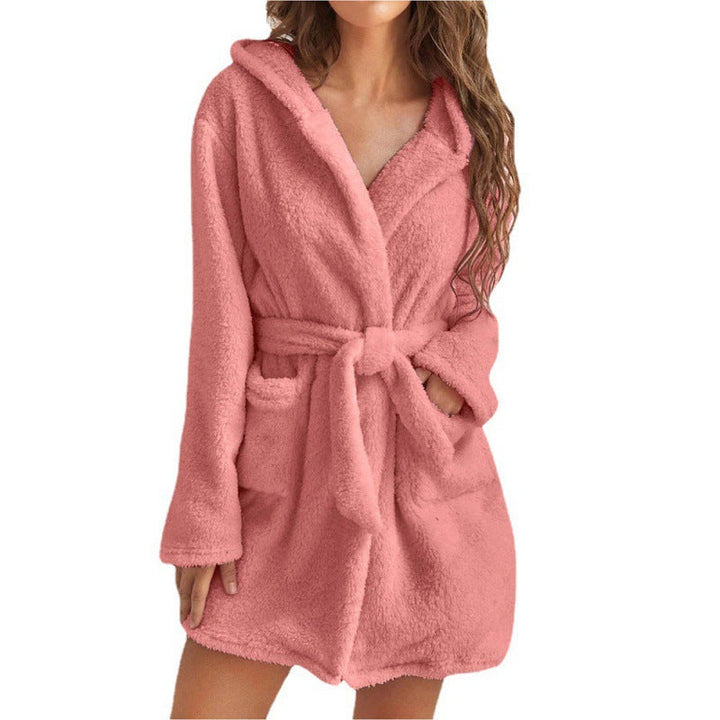 Women's Cozy Fleece Bathrobe with Hood and Waist Tie Lune London