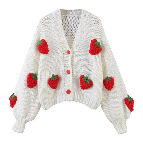 Womens knit jacket with strawberry appliqués and button closure Amarae