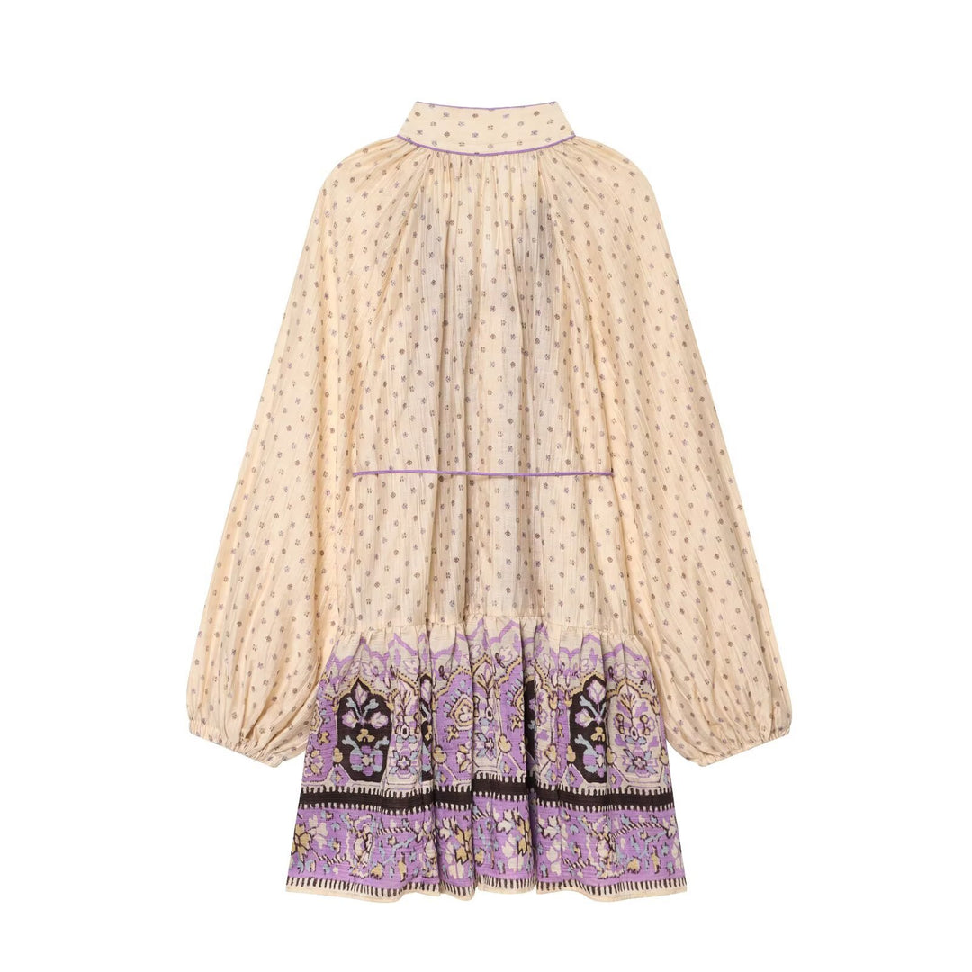 Women’s Boho midi dress with embroidered button placket, balloon sleeves and waist belt Amarae