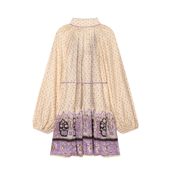 Women’s Boho midi dress with embroidered button placket, balloon sleeves and waist belt Amarae