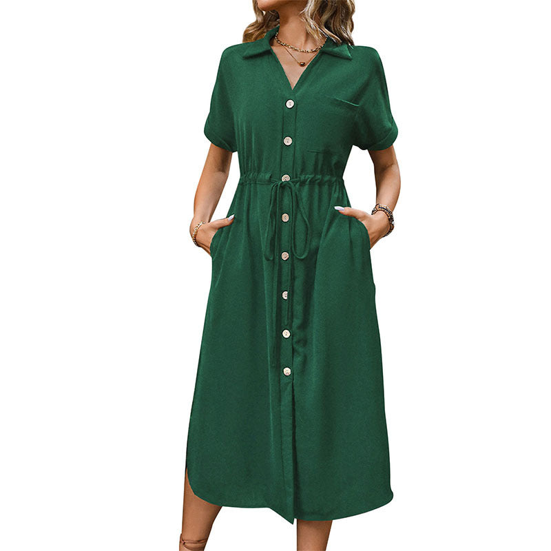 Women short dress with short sleeves, button placket and adjustable belt Lune London