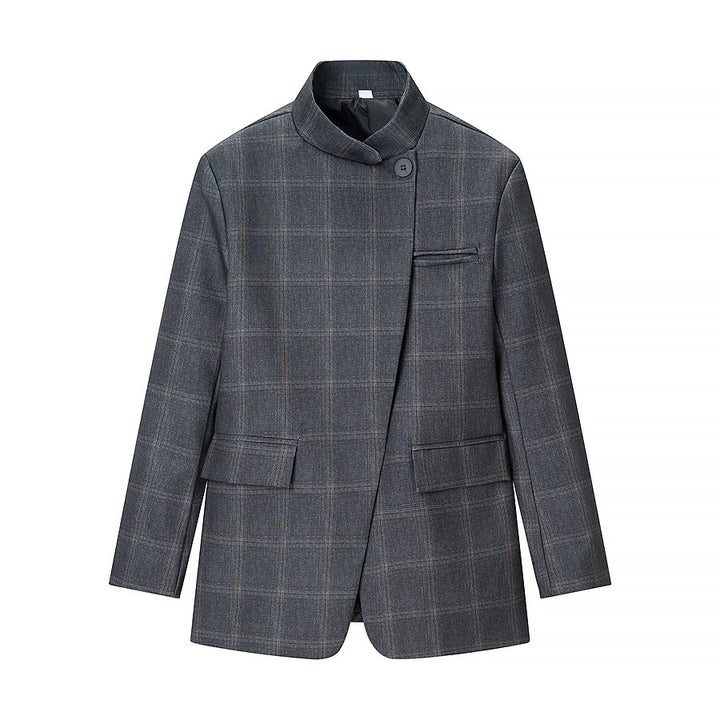 Men's Asymmetrical Stand Collar Blazer with Check Pattern and Hidden Button Placket Amarae