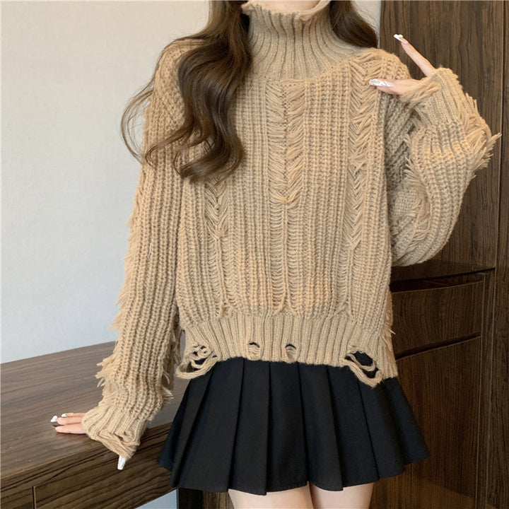 Pull en tricot épais pour femme avec col montant et éléments de design à franges Chic & Stil