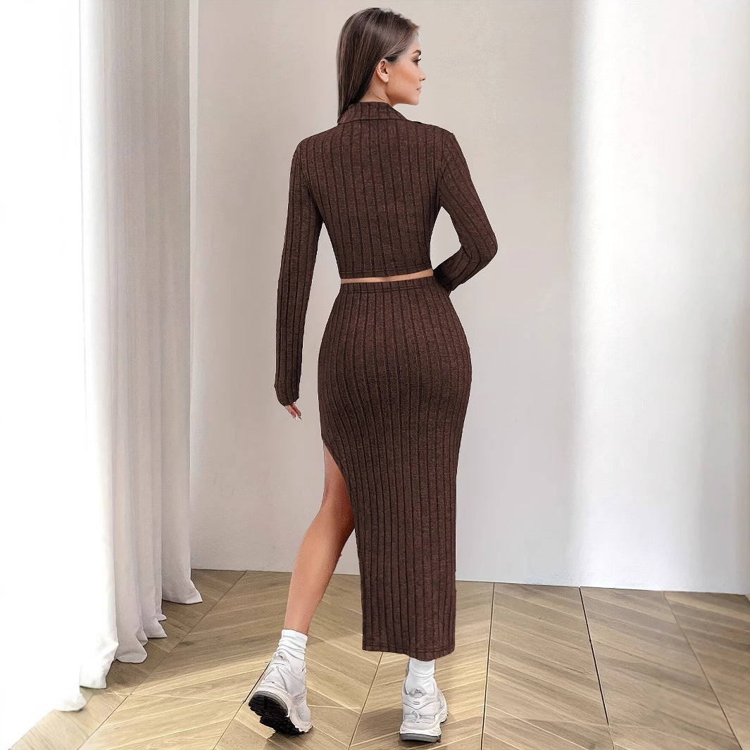 Striped midi dress for women with high collar and slit Lune London