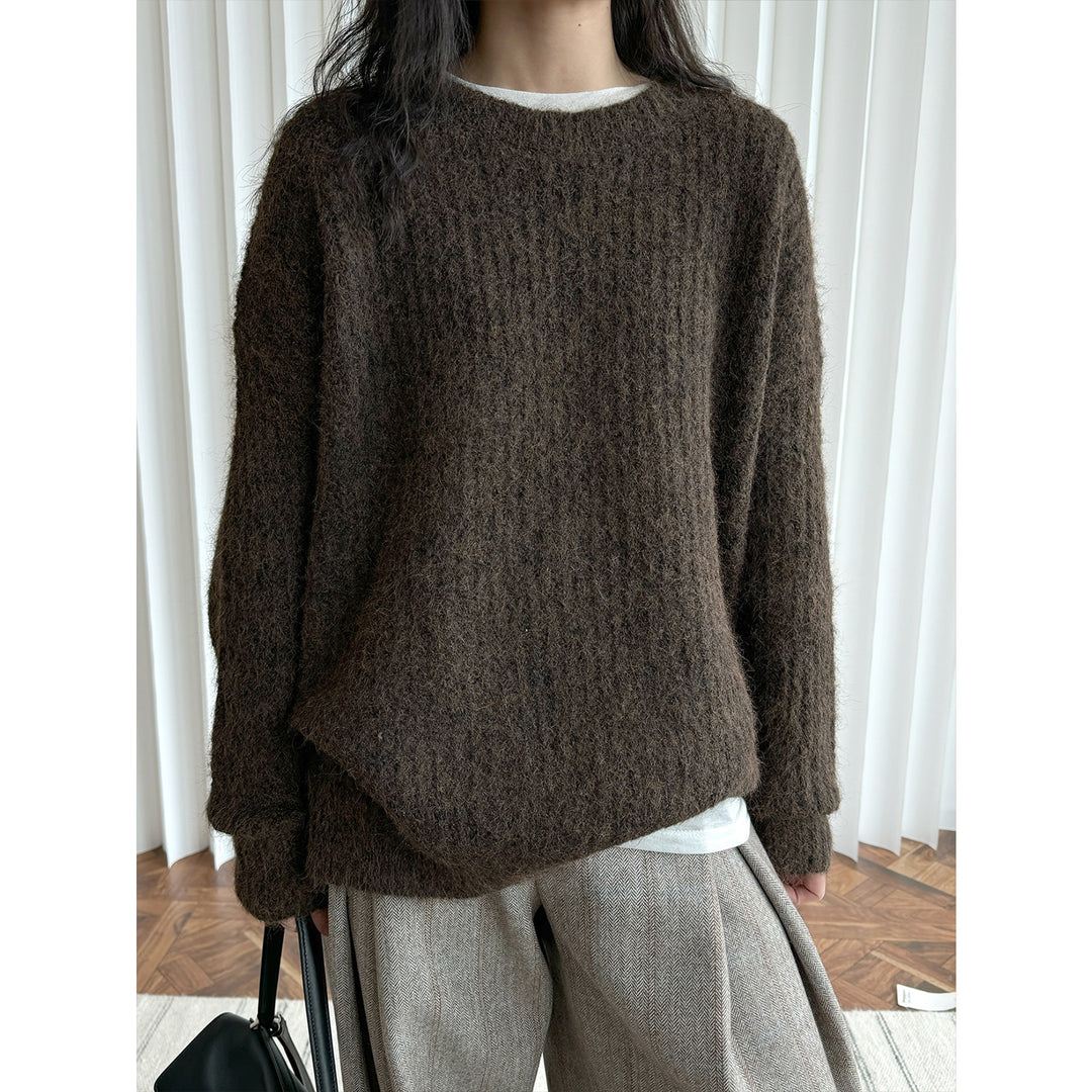 Women Fluffy Oversized Sweater in Mohair Look with Ribbed Textured Knit Amarae