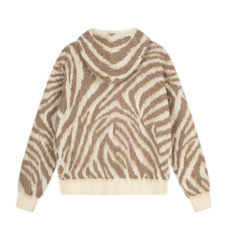 Women's Fluffy Zip Hoodie Cardigan with Zebra Jacquard and Kangaroo Pocket Amarae