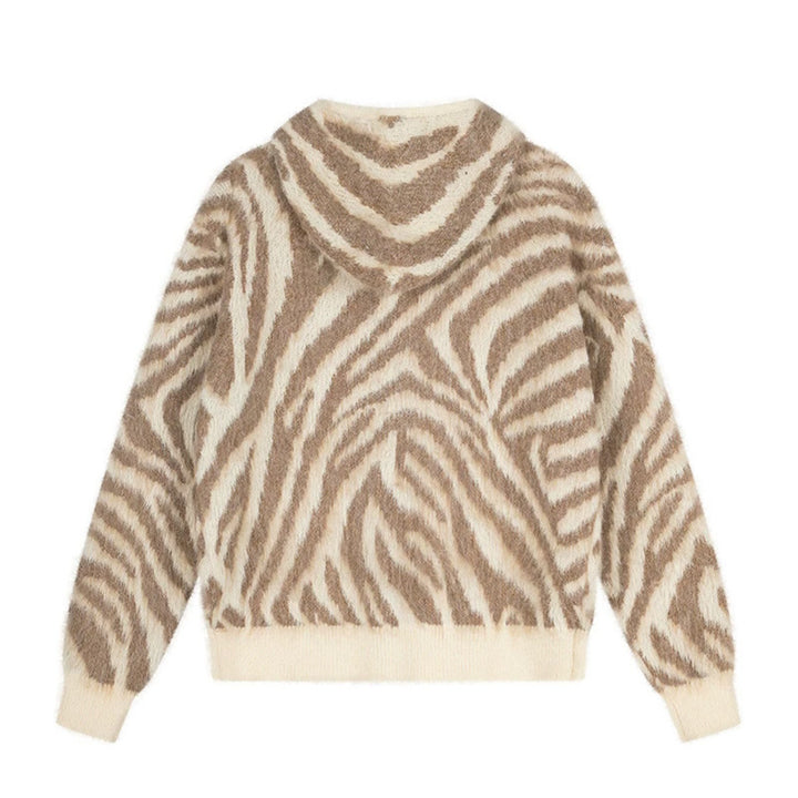 Women's Fluffy Zip Hoodie Cardigan with Zebra Jacquard and Kangaroo Pocket Amarae