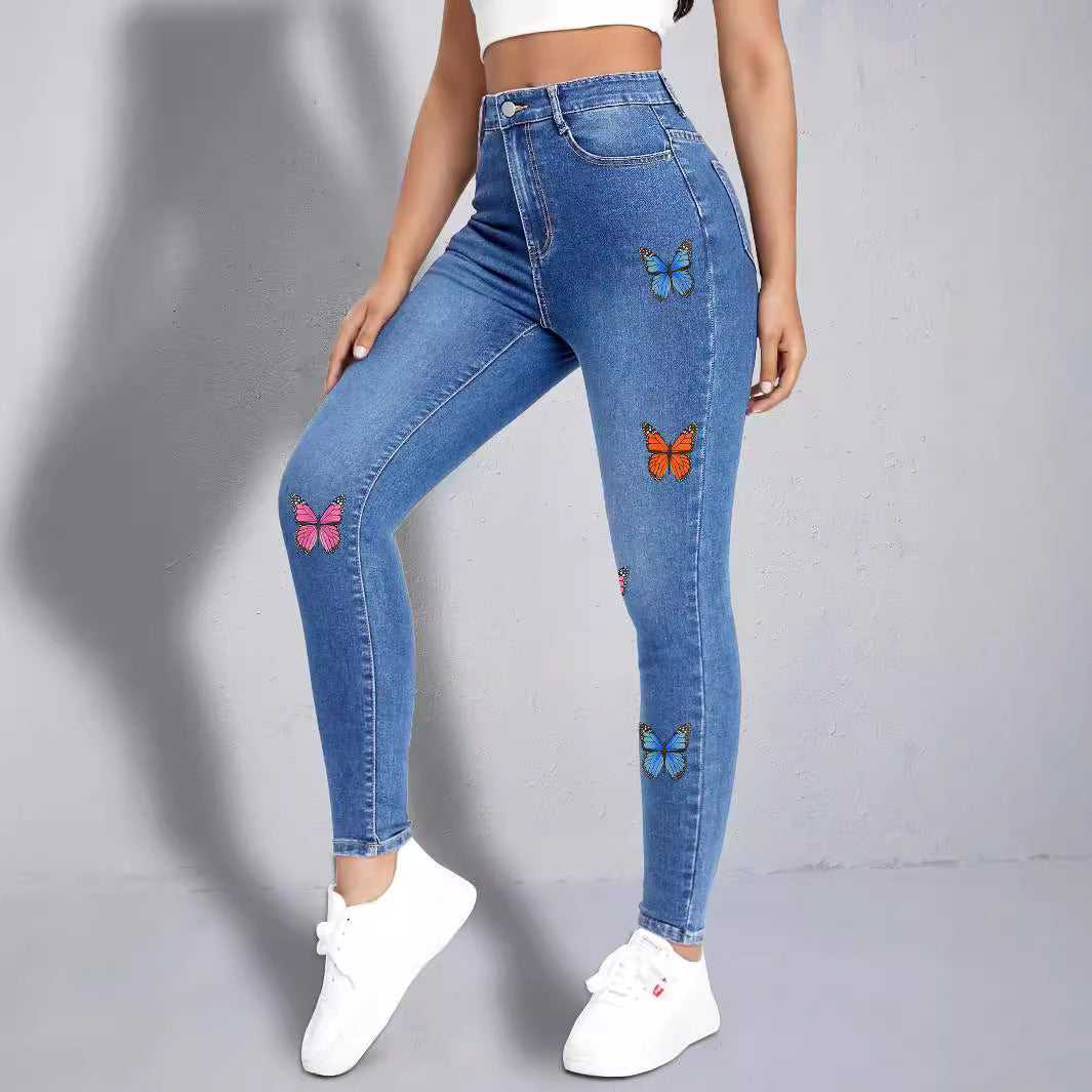 Women slim-fit high-waist jeans leggings with colorful butterfly print Amarae