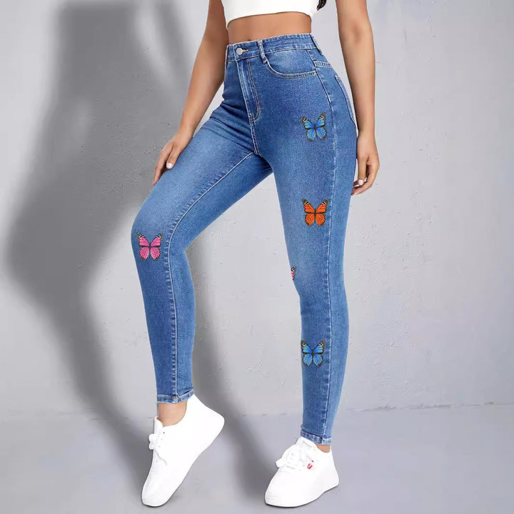 Women slim-fit high-waist jeans leggings with colorful butterfly print Amarae