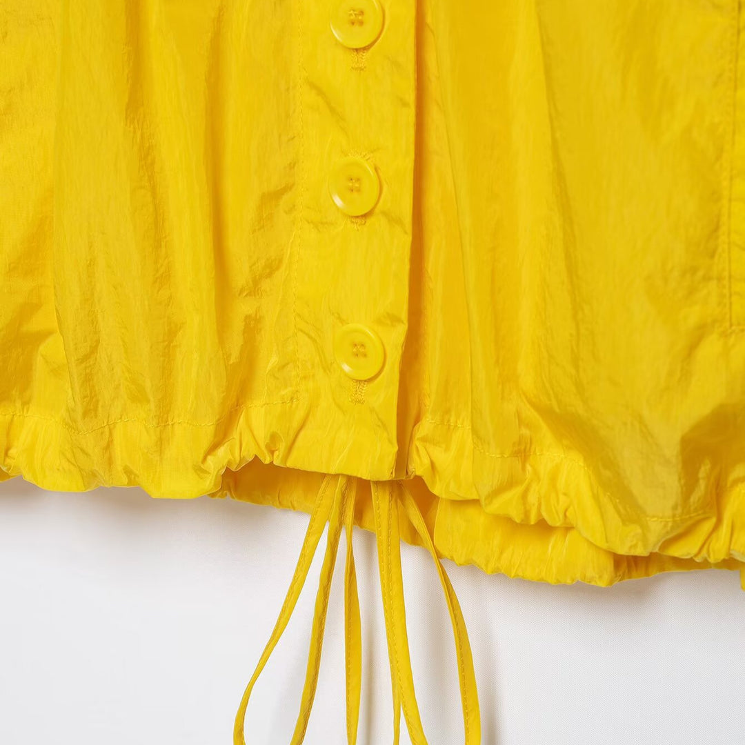 Women's Lightweight Oversized Windbreaker with High Stand Collar, Button Placket and Drawstring