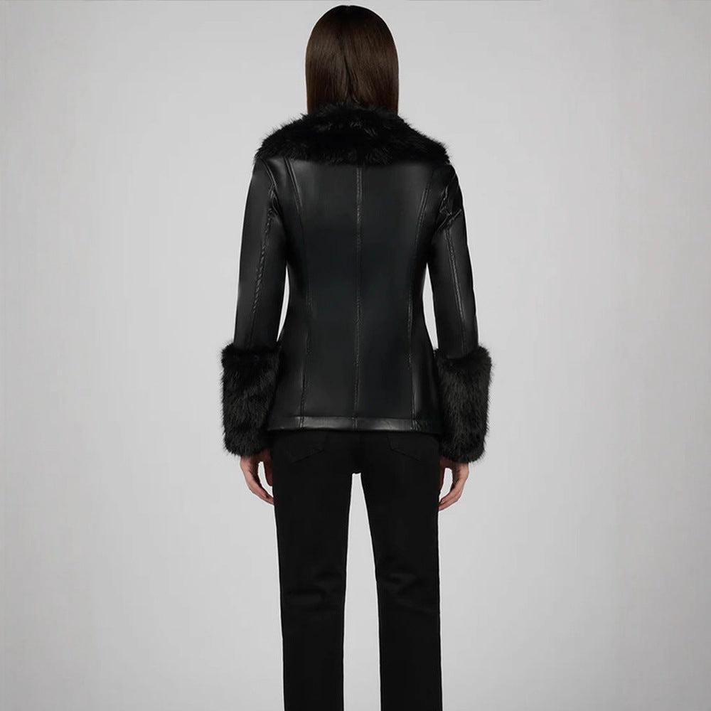 Women's Tailored Faux Leather Midi Coat with Wiener Seams, Voluminous Faux Fur Shawl Collar & Fur Cuffs Amarae
